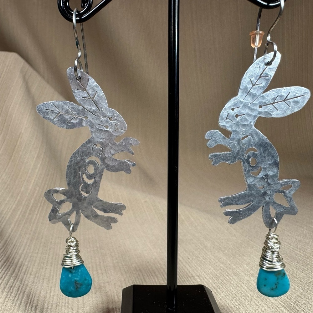 Whimsical Silver Rabbit Earrings with Turquoise Drops